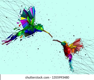 Abstract of Low poly couple hummingbird with point connecting network,animal geometric concept,vector.	