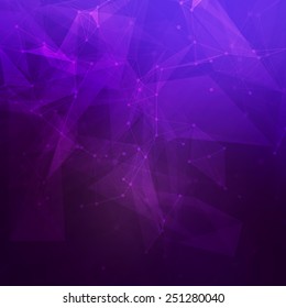 Abstract low poly dark purple bright technology vector background. Connection structure. Vector data science background. Polygonal vector background. Molecule And Communication Background.