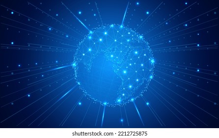 Resumen del concepto de comunicación de redes de guantes digitales de bajo nivel de pólvora. Tierra vectorial de armazón con haz futurista en el fondo del ciberespacio.