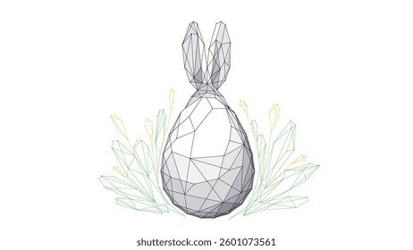 Abstract low poly Easter egg in a grass and flowers with rabbit ears behind of. Polygonal wireframe egg in triangle and geometric forms.Tech digital vector illustration.  