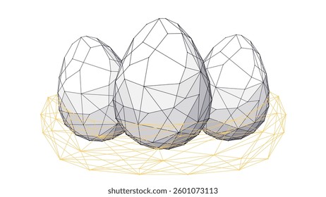 Abstract low poly Easter eggs in a basket in a grass and flowers. Polygonal wireframe egg in triangle and geometric forms.Tech digital vector illustration.  