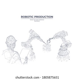 Abstract low poly engineer holding tablet and controlling robotic arm and robotic tool. Automated manufacturing process isolated in white. Vector 3d sketch of industrial technology, automation concept