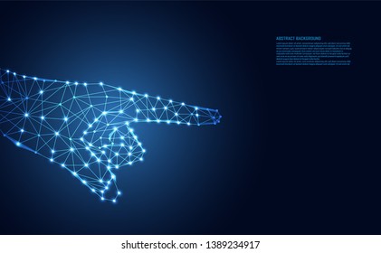 abstract low poly futuristic wireframe concept hand digital consisting of points, lines, and shapes vector polygonal on blue background for template, web design or presentation.Vector Illustration.