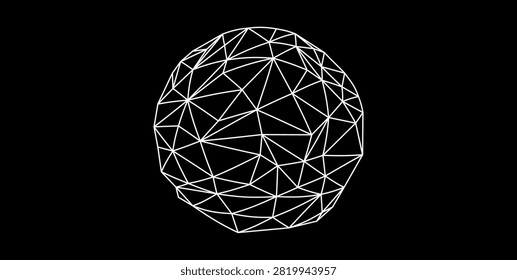 Abstract low poly geometric sphere created with polygon mesh and wireframe lines on a black background. Modern minimalist vector illustration representing digital technology, artificial intelligence, networking, data visualization, engineering, 3D modeling, blockchain, science, and futuristic design. Perfect for presentations, websites, branding, UI, posters, and technology backgrounds.