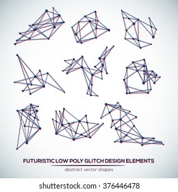 Abstract low poly geometric technology vector design shapes. Polygonal vector molecule and communication elements. Glitch.
