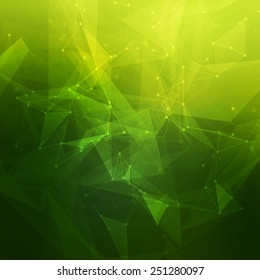 Abstract low poly green bright technology vector background. Connection structure. Vector data science background. Polygonal vector background. Molecule And Communication Background.