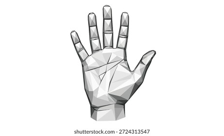 Abstractas ilustración de mano de poliéster bajo, renderizado en estilo geométrico con líneas limpias y un fondo blanco. Presenta un gesto de palma abierta.