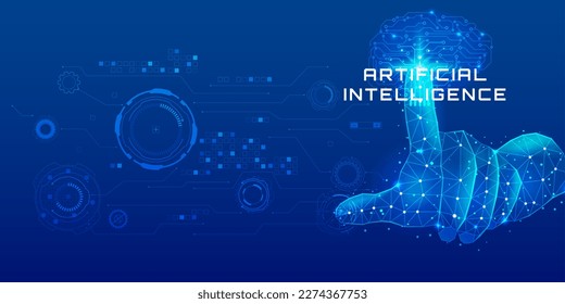 Abstract low poly hand use finger pressing smart brain concept technology of artificial intelligence. ai analysis deep machine learning on circular hud system vector background.