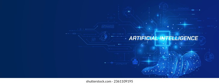 Abstract low poly hand use finger pressing on CPU circuit board line artificial intelligence. ai analysis deep machine learning on circular hud system vector background.