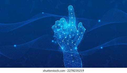 Abstract low poly hand wireframe reach to the sky, cyberspace with fluid dynamic wave element background concept vector.