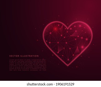 Abstract low poly heart. Polygonal wireframe illustration with lines and dots. Vector concept illustration.