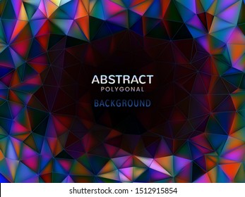 Abstract low poly holographic background in colorful tone illuminated and glowing on black blank space for text copy