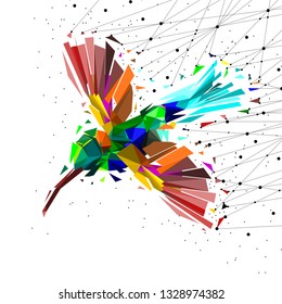 Abstract of Low poly hummingbird with point connecting network,animal geometric concept,vector.	