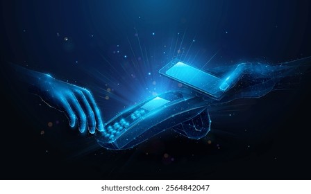 Abstract low poly illustration of nfc payment process by smartphone on pos terminal. Geometric background depicting RFID technology and near-field communication for payments concept by wireframe mesh