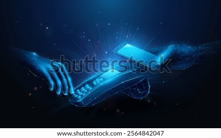 Abstract low poly illustration of nfc payment process by smartphone on pos terminal. Geometric background depicting RFID technology and near-field communication for payments concept by wireframe mesh