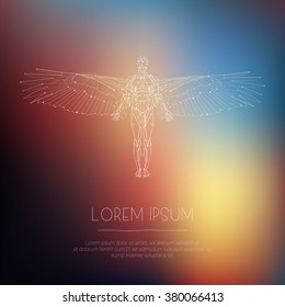 Abstract low poly linear human. Angel fantasy illustration, poster or book cover  on the blurred background