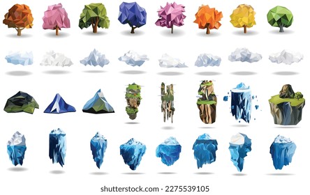 Abstrakte Low-Poly-Modellierung moderne Symbol Vektorset, Baum, Cloud, Berg, Insel, Eisberg sind geometrische Diamantpolygon-Design