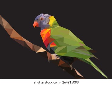Abstract Low Poly Parrot, Rainbow lorikeet on Branch - Vector Illustration