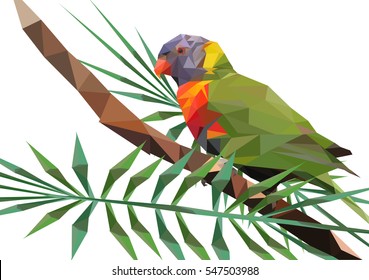 Abstract Low Poly Parrot, Rainbow lorikeet on Branch - Vector Illustration
