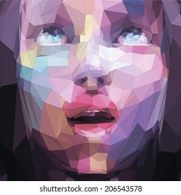 Abstract low poly, pop art  portrait girl looking up