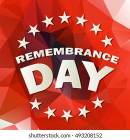 abstract low poly red background with remembrance day text vector illustration