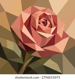 Abstract low poly rose flower portrait, geometric pink rose bud vector illustration, cubism floral silhouette in pastel and earthy tones.