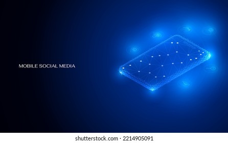 Abstract low poly social media communication icon on mobile phone isometric layout template vector. Technology blue wireframe online connection concept.