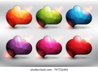 Abstract low poly speech bubbles set of 6. Cloud icons. Bubble balloons quote. Isolated with realistic, transparent glass shine and shadow on the light background. Vector illustration. Eps10.