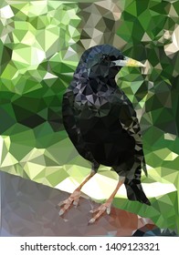 Abstract low poly starling bird character black on branch on green background. Triangle irregular polygon geometric crystal origami multicolored pattern. Vector illustration