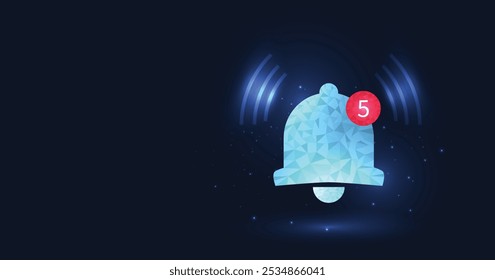 Icono Abstractas de la campana de notificación del estilo bajo poli aislado en un fondo azul oscuro. Concepto de alertas en línea remotas en la aplicación.