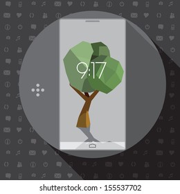 Abstract Low Poly Tree on a Modern Smartphone on a Media icon Background -Vector Illustration