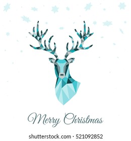  Abstract low poly triangle deer head. Christmas greeting card with blue  reindeer  on white background. Vector illustration in origami style.