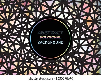 Abstract low poly triangle holographic background in rainbow color tone with black blank space for text copy