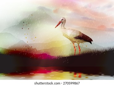 Abstract Low Poly White Stork near a Lake with Reflection - Vector Illustration