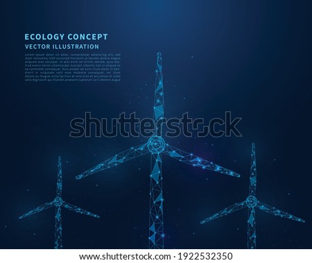 Abstract low poly wind turbines. Ecology concept. Polygonal wireframe illustration with lines and dots. Vector illustration.