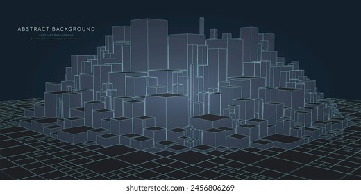 Abstract low poly wireframe cubes group like technology city. Connected lines and rectangles. Chaotic boxes structure concept. Big Data