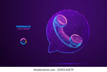 Abstract low poly wireframe handset on the bubble talk background. Digital polygonal telephone receiver in technology blue-purple. Contact or call center hotline concept. 3d vector illustration.