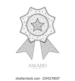 Abstract low poly wireframe of premium, award quality symbol concept background. Black badge ribbon outline mode vector mesh design.