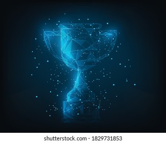 Abstract low poly wireframe trophy cup. champions award for sport  concept. Achievement award symbol. vector illustration in flat style modern design. isolated on dark blue background. 