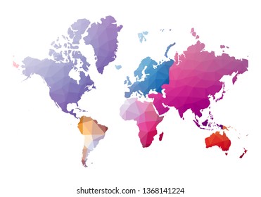 Abstract low poly world map vector illustration with continents in different colors.