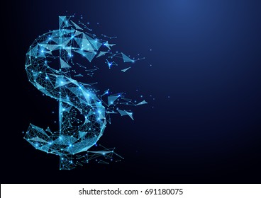 Abstract low polygon American dollar icon wireframe mesh on blue background