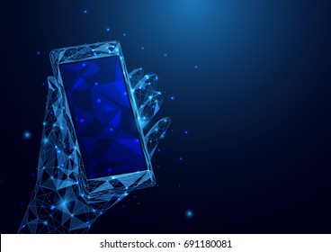 Abstract low polygon a hand holding smartphone wireframe mesh on blue background