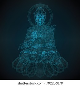 Abstract low polygon is an image of Buddha from points of straight and stars in the form of a constellation against the background of the night sky. Religious Asian concept symbol of the faith.