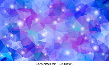 Abstract low polygon shaped background. Triangular design with geometric mosaic for business. Colorful wallpaper with blue and purple gradient triangles and shining sparkles. Vector illustration.