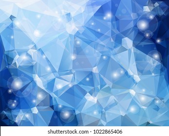 Abstract low polygon shaped background. Triangular design with geometric mosaic for business. Colorful wallpaper with blue gradient triangles and shining sparkles. Vector illustration.