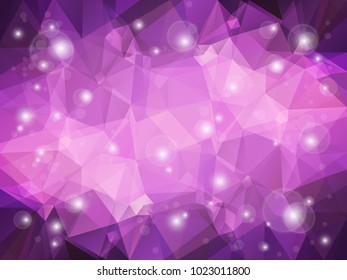Abstract low polygon shaped background. Triangular design with geometric mosaic for business. Colorful wallpaper with purple gradient triangles and shining sparkles. Vector illustration.
