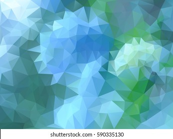 Abstract low polygon shaped background. Triangular design with geometric mosaic for business. Colorful wallpaper with blue and green gradient triangles. Vector illustration.