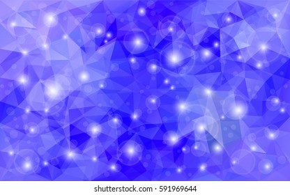 Abstract low polygon shaped background. Triangular design with geometric mosaic for business. Colorful wallpaper with blue gradient triangles, shining sparkles and lights. Vector illustration.