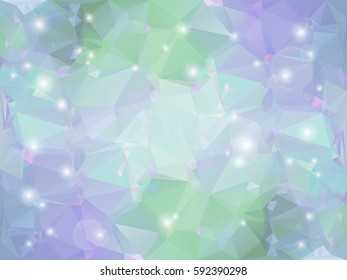 Abstract low polygon shaped background. Triangular design with geometric mosaic for business. Colorful wallpaper with green and purple gradient triangles and shining sparkles. Vector illustration.