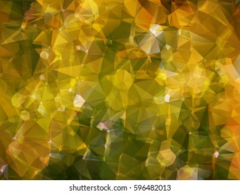 Abstract low polygon shaped background. Triangular design with geometric mosaic for business. Colorful wallpaper with gold and green gradient triangles and shining sparkles. Vector illustration.
